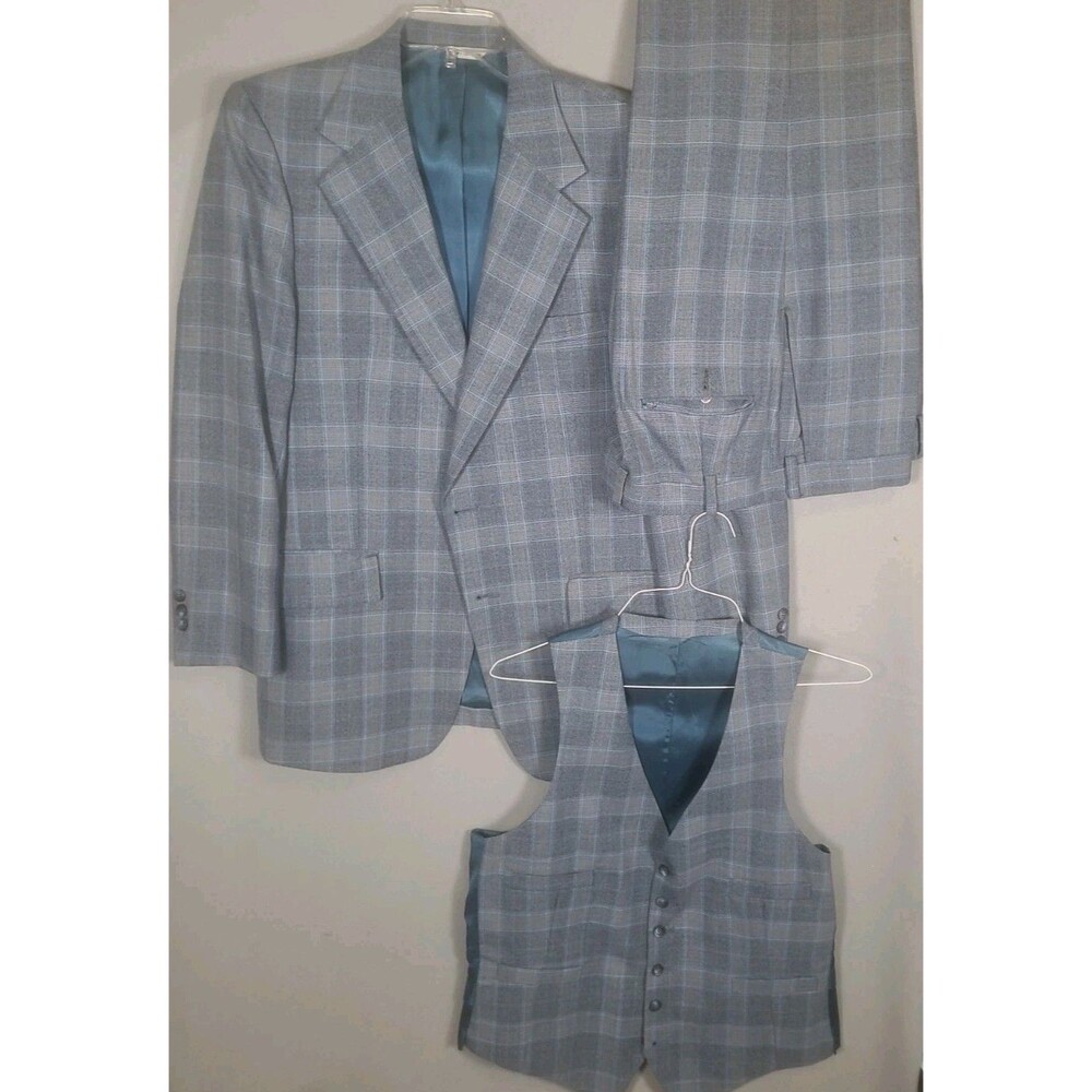 Vtg Botany 500 Wool Blend 3PC Single Breasted Windowpane 42R Suit 36x29 Pants